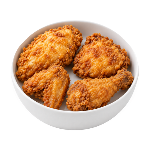 Ilustración de Pollo de engorde, carne y piel, cocinado, frito, rebozado con masa líquida