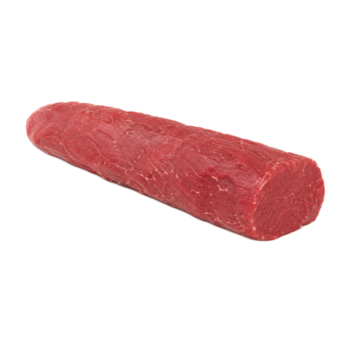 Ilustração de Carne bovina, lombo, filé-mignon (tenderloin), peça para assar, sem osso, carne magra e gordura separáveis, aparada até 0 polegadas de gordura externa, classificação Choice, crua