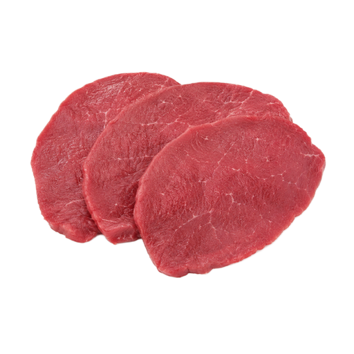 Ilustração de Carne bovina, quarto traseiro, corte eye of round, em bife, sem osso, somente carne magra separável, aparada até 0 polegadas de gordura externa, classificação Select, crua