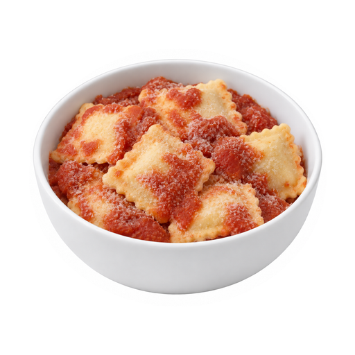 Illustration of Ravioli, cheese with tomato sauce, frozen, not prepared, includes regular and light entrees