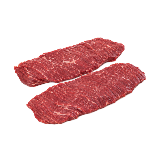 Ilustração de Carne bovina, região ventral (plate), bife do corte inside skirt, sem osso, somente carne magra separável, aparada até 0 polegadas de gordura externa, classificação Choice, crua