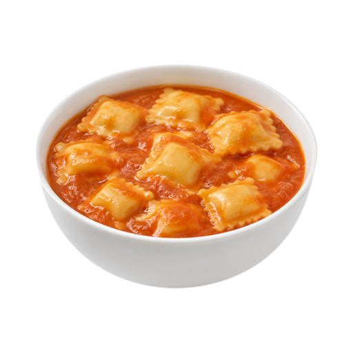 Ilustración de Alimento infantil, raviolis rellenos de queso, con salsa de tomate