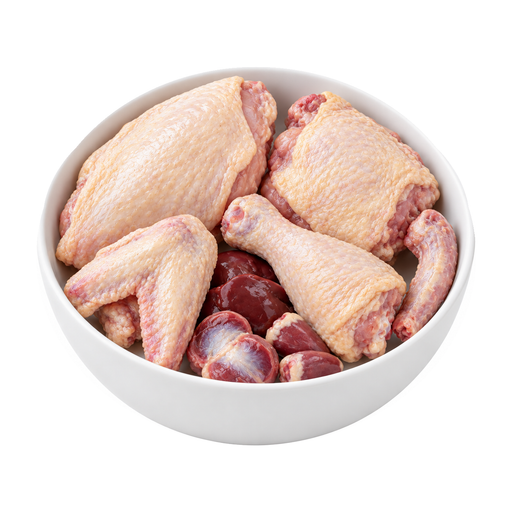 Ilustração de Frango capão, carne, pele, miúdos e pescoço, cru