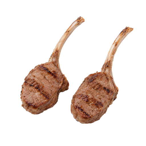Illustration of Lamb, Australian, imported, fresh, rib chop, frenched, denuded, bone-in, separable lean only, trimmed to 0" fat, cooked, grilled