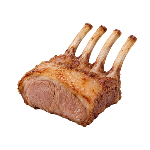 Illustration of Lamb, Australian, imported, fresh, rack, roast, frenched, bone-in, separable lean and fat, trimmed to 1/8" fat, cooked, roasted