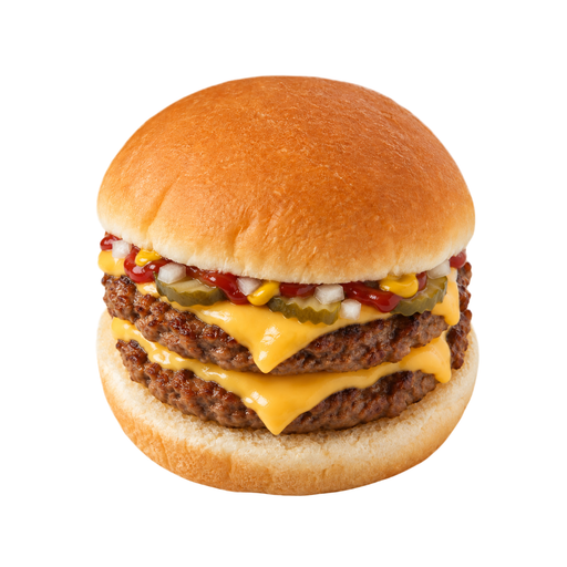 Ilustración de Comida rápida, hamburguesa doble con queso, discos grandes de carne, con condimentos