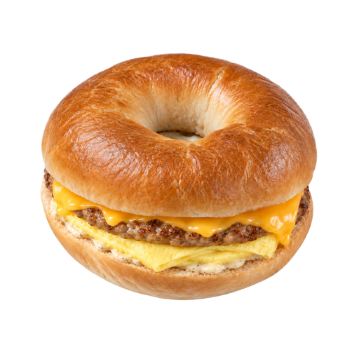 Ilustração de Fast-food, bagel com ovo, hambúrguer de linguiça, queijo e condimentos