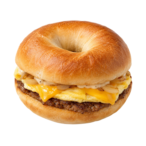 Ilustração de Fast-food, bagel com bife de café da manhã, ovo, queijo e condimentos
