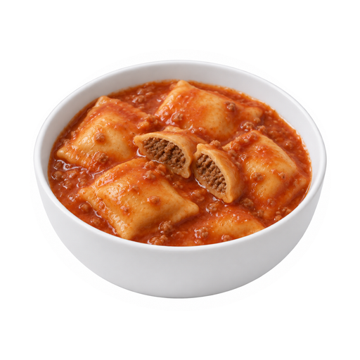 Illustration of Ravioli, meat-filled, with tomato sauce or meat sauce, canned