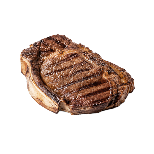 Ilustração de Carne bovina, miolo da costela (rib eye), em bife, com osso, com aba lateral, carne magra e gordura separáveis, aparada até 1/8 de polegada de gordura externa, classificação Select, grelhada na grelha