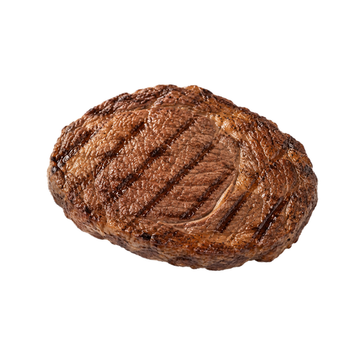Ilustração de Carne bovina, miolo da costela (rib eye), em bife, sem osso, sem aba lateral, carne magra e gordura separáveis, aparada até 0 polegadas de gordura externa, classificação Select, grelhada na grelha