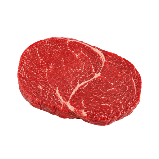 Ilustração de Carne bovina, miolo da costela (rib eye), em bife, sem osso, sem aba lateral, carne magra e gordura separáveis, aparada até 0 polegadas de gordura externa, classificação Select, crua