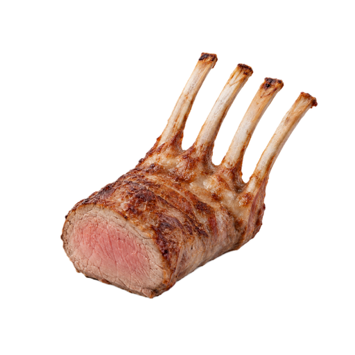 Illustration of Lamb, New Zealand, imported, rack - partly frenched, separable lean and fat, cooked, fast roasted