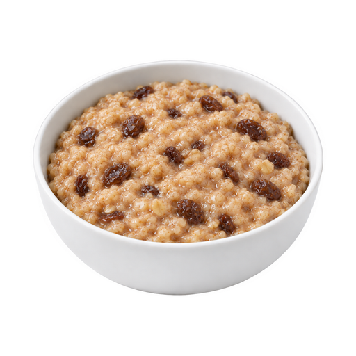 Ilustração de Cereal de aveia, instantâneo, fortificado, com uvas-passas e especiarias, preparado com água