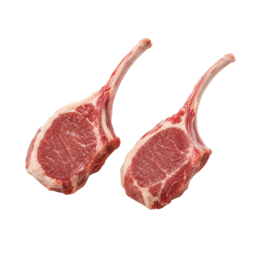 Illustration of Lamb, Australian, imported, fresh, rib chop/rack roast, frenched, bone-in, separable lean and fat, trimmed to 1/8" fat, raw