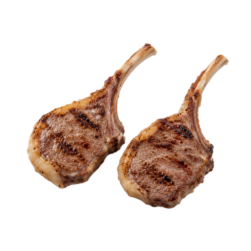 Illustration of Lamb, Australian, imported, fresh, rib chop, frenched, bone-in, separable lean and fat, trimmed to 1/8" fat, cooked, grilled