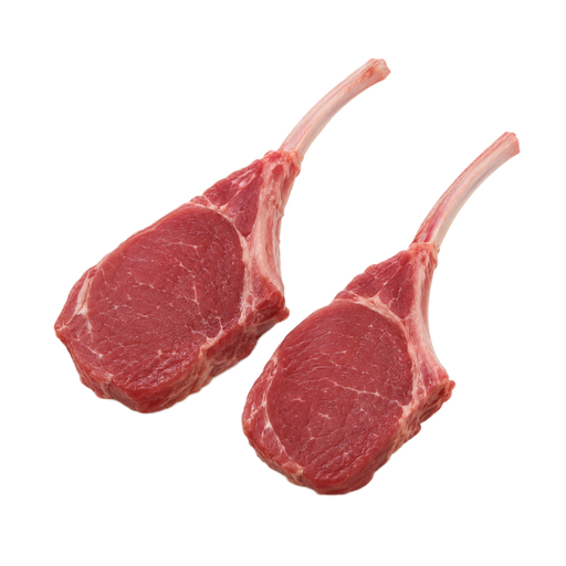 Illustration of Lamb, Australian, imported, fresh, rib chop/rack roast, frenched, bone-in, separable lean only, trimmed to 1/8" fat, raw