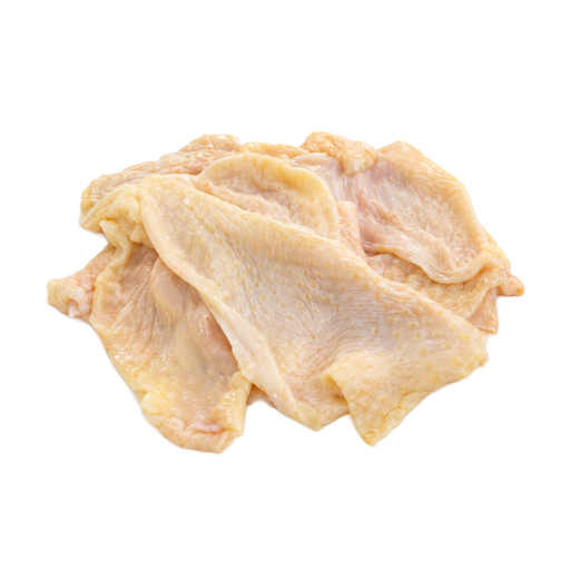 Ilustração de Frango, pele (coxas e sobrecoxas), com solução adicionada, crua