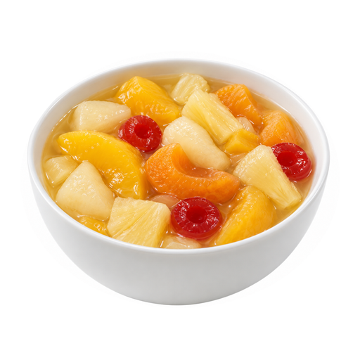 Illustration of Fruit salad, (peach and pear and apricot and pineapple and cherry), canned, juice pack, solids and liquids