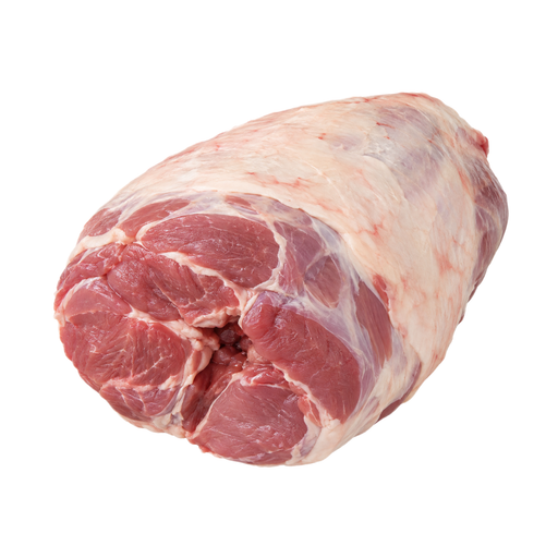 Illustration of Lamb, New Zealand, imported, tunnel-boned leg, chump off, shank off, separable lean and fat, raw