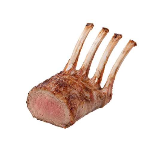 Illustration of Lamb, Australian, imported, fresh, rack, roast, frenched, denuded, bone-in, separable lean only, trimmed to 0" fat, cooked, roasted