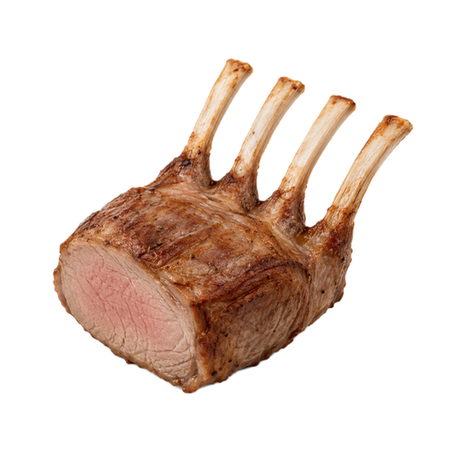 Illustration of Lamb, Australian, imported, fresh, rack, roast, frenched, bone-in, separable lean only, trimmed to 1/8" fat, cooked, roasted
