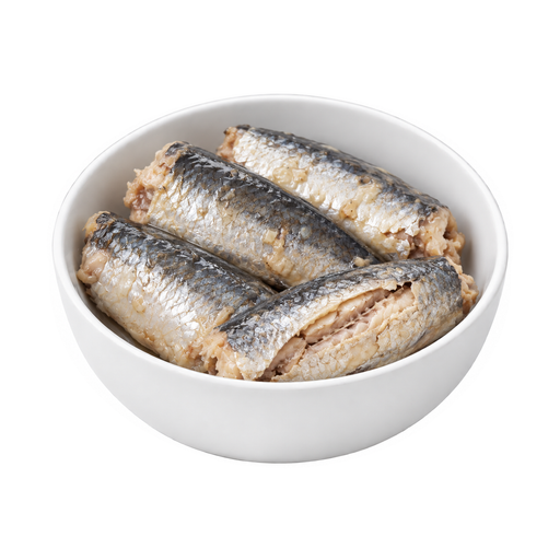 Illustration of Fish, sardine, Atlantic, canned in oil, drained solids with bone