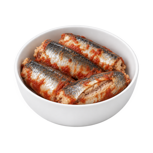 Illustration of Fish, sardine, Pacific, canned in tomato sauce, drained solids with bone