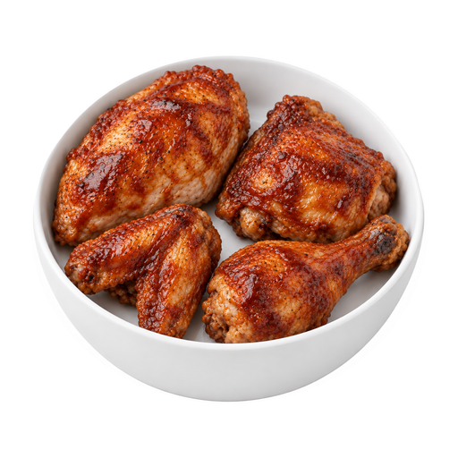 Ilustración de Pollo, parte no especificada, asado a la parrilla con salsa, piel consumida