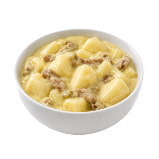 Ilustración de Carne de res y patatas, con salsa de queso