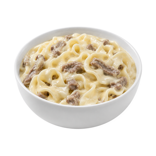 Ilustração de Carne bovina e macarrão, com molho cremoso ou branco