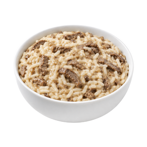 Illustration of Beef and rice with mushroom sauce