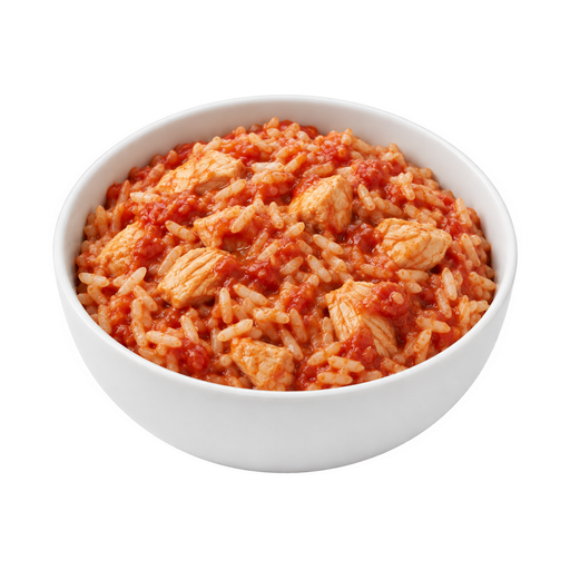 Ilustração de Frango ou peru e arroz, com molho à base de tomate