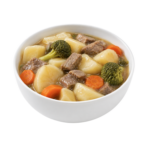 Ilustración de Carne de res y patatas, y verduras, incluidas zanahorias, brócoli y/o hojas verde oscuro, con salsa de carne