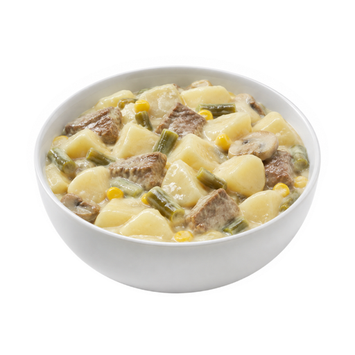 Illustration of Beef, potatoes, and vegetables excluding carrots, broccoli, and dark-green leafy; cream sauce, white sauce, or mushroom sauce