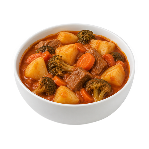 Illustration of Beef, potatoes, and vegetables including carrots, broccoli, and/or dark-green leafy; tomato-based sauce