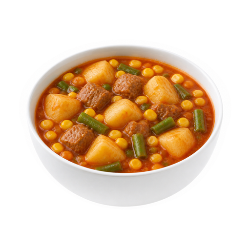 Illustration of Beef, potatoes, and vegetables excluding carrots, broccoli, and dark-green leafy; tomato-based sauce