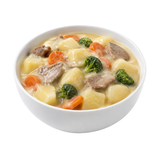 Illustration of Beef, potatoes, and vegetables including carrots, broccoli, and/or dark-green leafy; cheese sauce