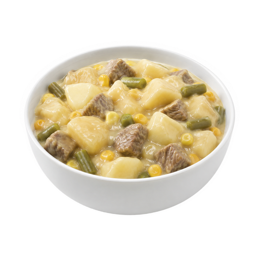 Illustration of Beef, potatoes, and vegetables excluding carrots, broccoli, and dark-green leafy; cheese sauce