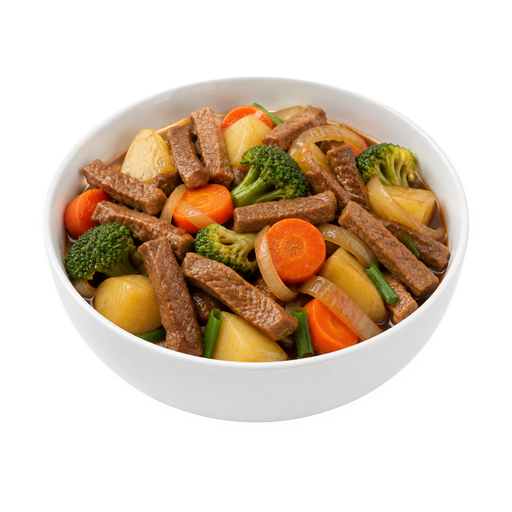 Illustration of Beef, potatoes, and vegetables including carrots, broccoli, and/or dark-green leafy; soy-based sauce