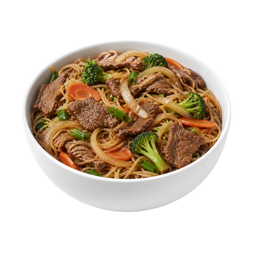 Illustration of Beef, noodles, and vegetables including carrots, broccoli, and/or dark-green leafy; soy-based sauce