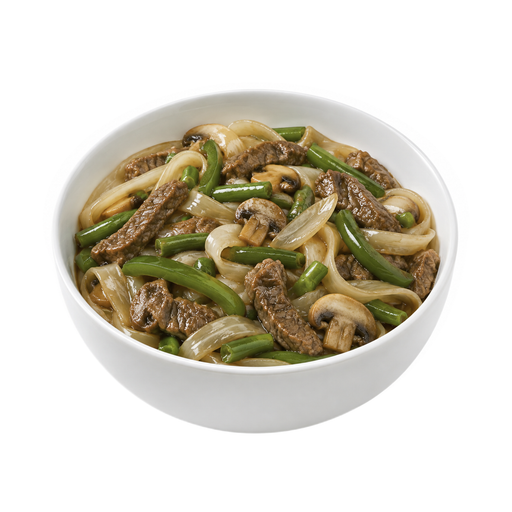 Illustration of Beef, noodles, and vegetables excluding carrots, broccoli, and dark-green leafy; soy-based sauce
