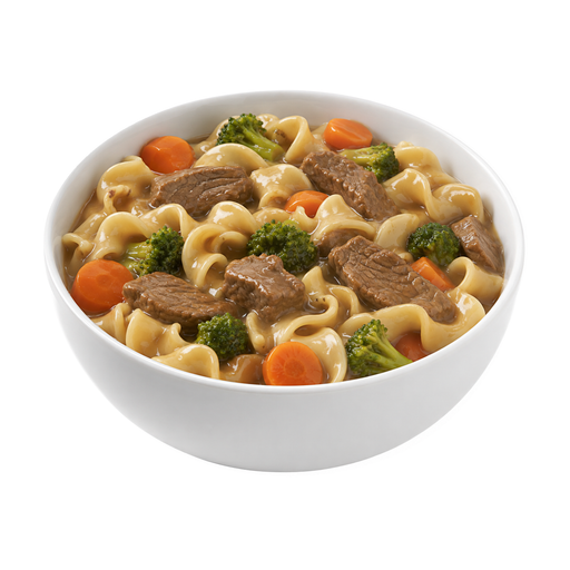 Illustration of Beef, noodles, and vegetables including carrots, broccoli, and/or dark-green leafy; gravy