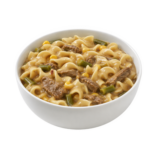 Illustration of Beef, noodles, and vegetables excluding carrots, broccoli, and dark-green leafy; gravy