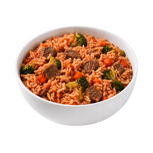 Illustration of Beef, rice, and vegetables including carrots, broccoli, and/or dark-green leafy; tomato-based sauce