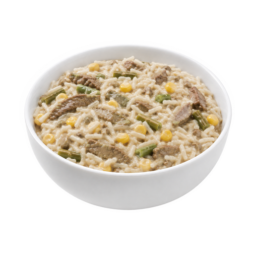 Illustration of Beef, rice, and vegetables excluding carrots, broccoli, and dark-green leafy; mushroom sauce