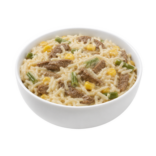 Illustration of Beef, rice, and vegetables excluding carrots, broccoli, and dark-green leafy; cheese sauce