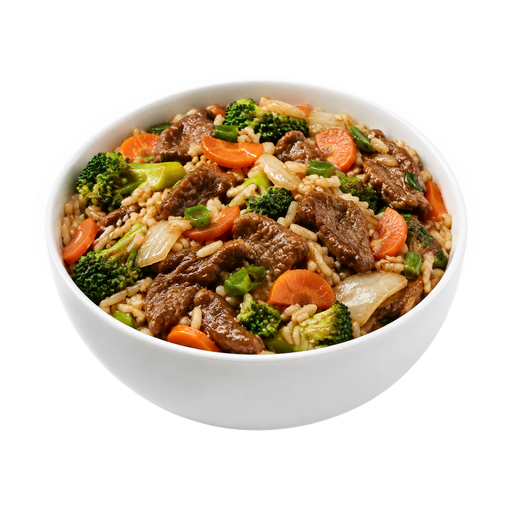 Illustration of Beef, rice, and vegetables including carrots, broccoli, and/or dark-green leafy; soy-based sauce