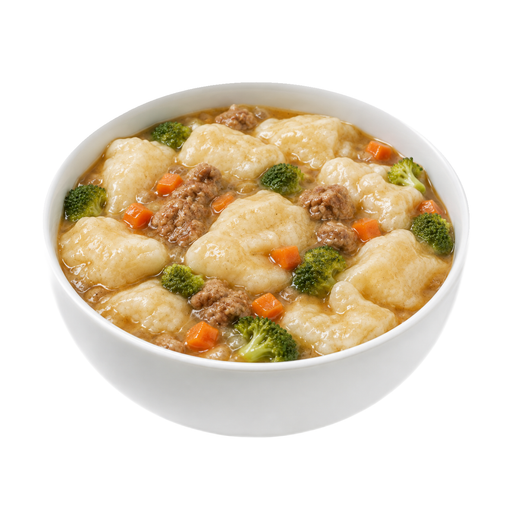 Illustration of Beef, dumplings, and vegetables including carrots, broccoli, and/or dark-green leafy; gravy