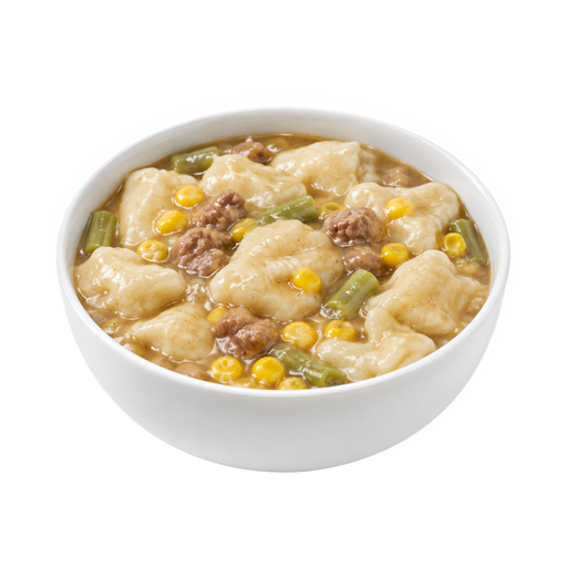 Illustration of Beef, dumplings, and vegetables excluding carrots, broccoli, and dark-green leafy; gravy